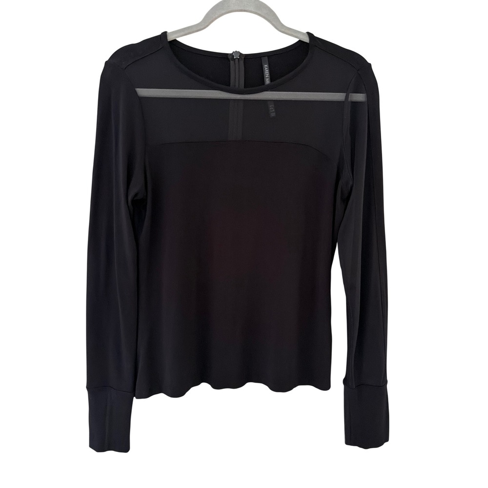 Karen Millen Black Mesh Panel Long Sleeve Top Back Zip Women UK 12 US 8- Flawed